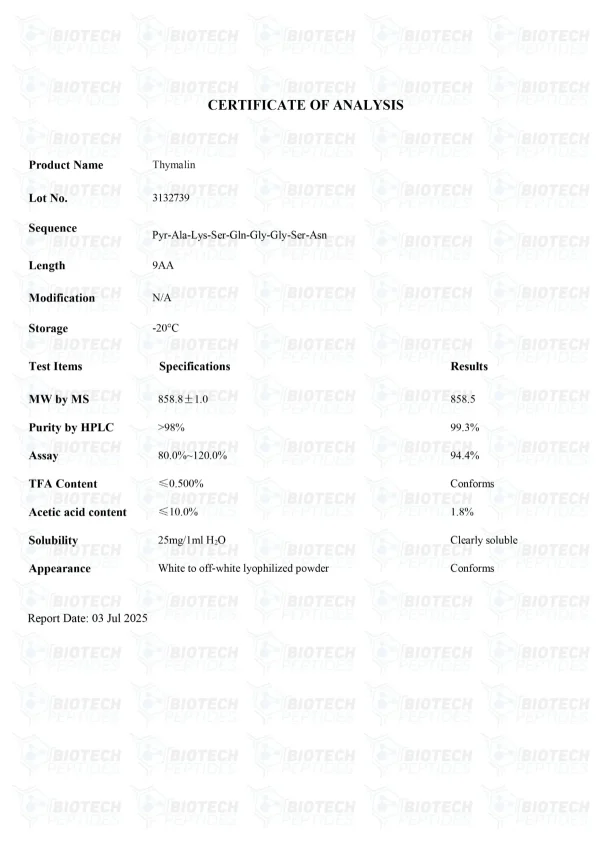 Thymalin 25mg certificate of analysis from Biotech Peptides Thymalin 25mg certificate of analysis from Biotech Peptides