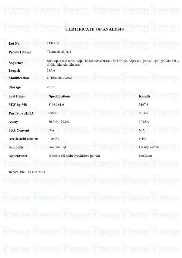 Thymosin Alpha-1 10mg certificate of analysis from Biotech Peptides