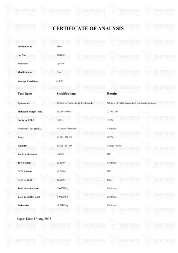 Vilon 20mg certificate of analysis from Biotech Peptides